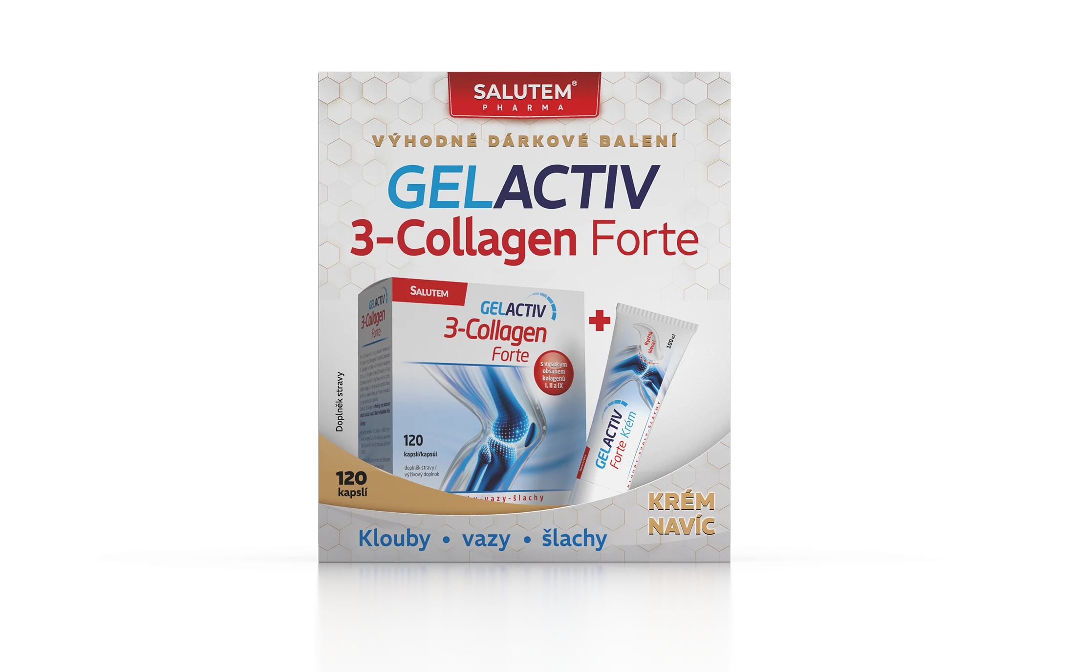 vizu dark bal 120cps GELACTIV+Krem100ml FRONT CZE WEB V&yacute;hodn&eacute; d&aacute;rkov&eacute; balen&iacute; GelActiv 3-Collagen Forte 60+60 cps.+ GelActiv Forte Kr&eacute;m navic